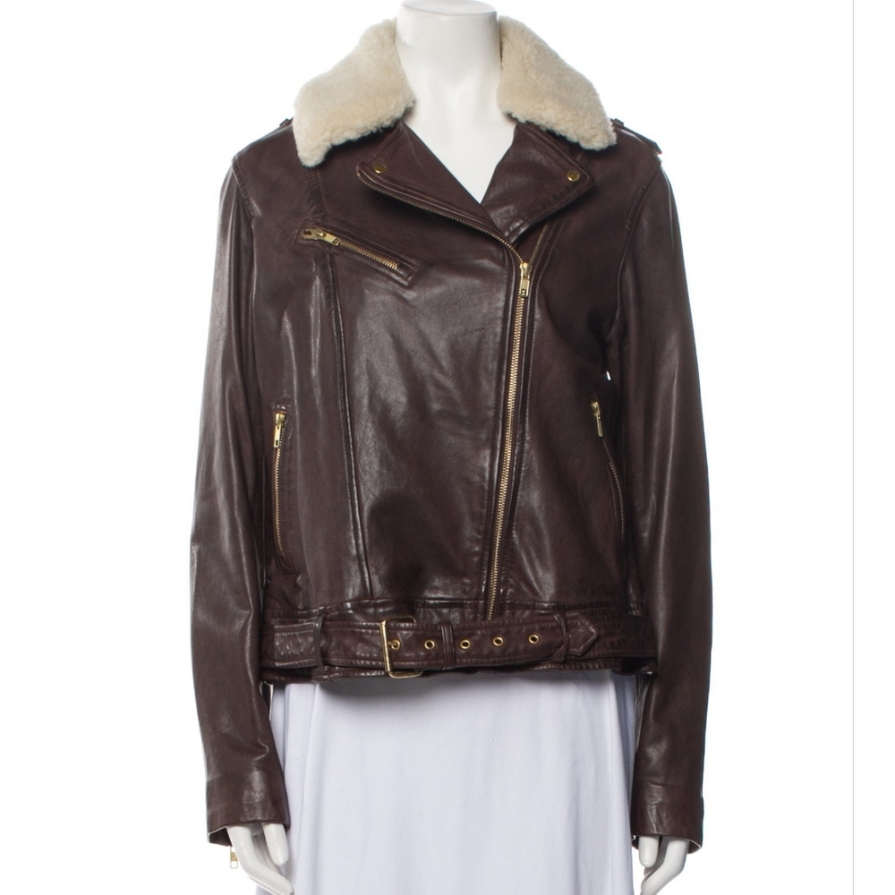 Soia And Kyo Brown Leather moto Removable Shearling Collar